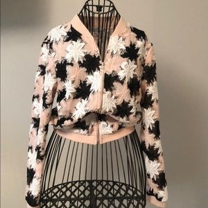 Floral lace bomber jacket- blush, black and white